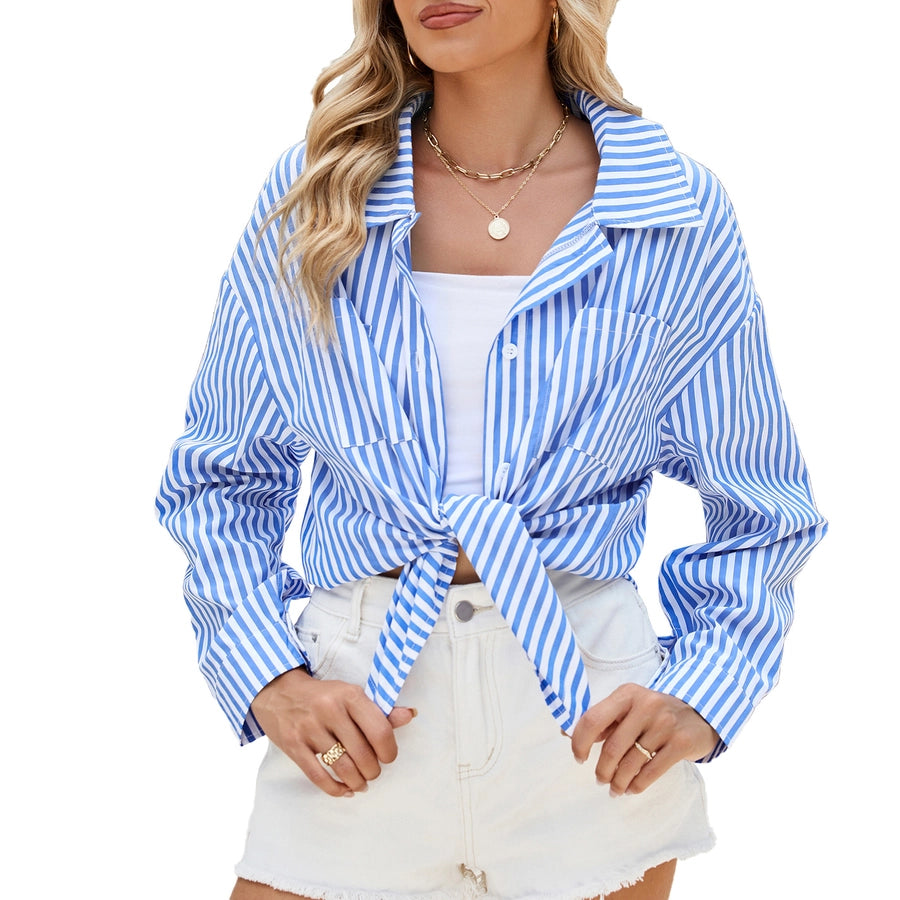 Long Sleeve Blouses Button Pin Stripe