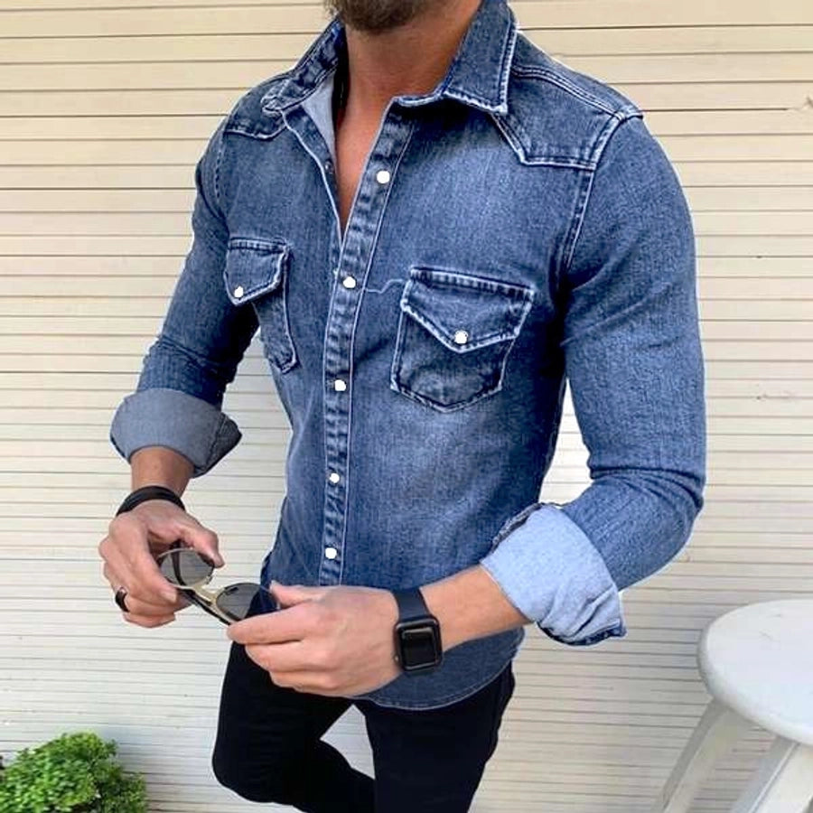 Men's Denim Style Turndown Long Sleeve Slim Men's Tops