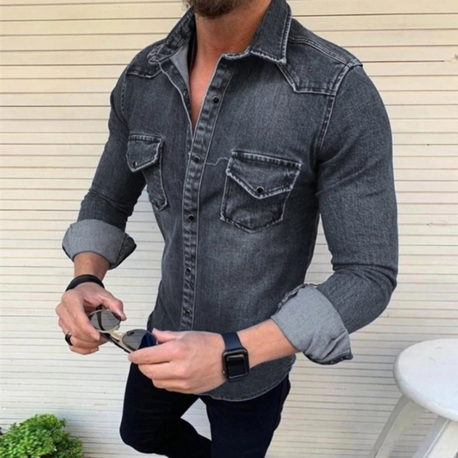 Men's Denim Style Turndown Long Sleeve Slim Men's Tops