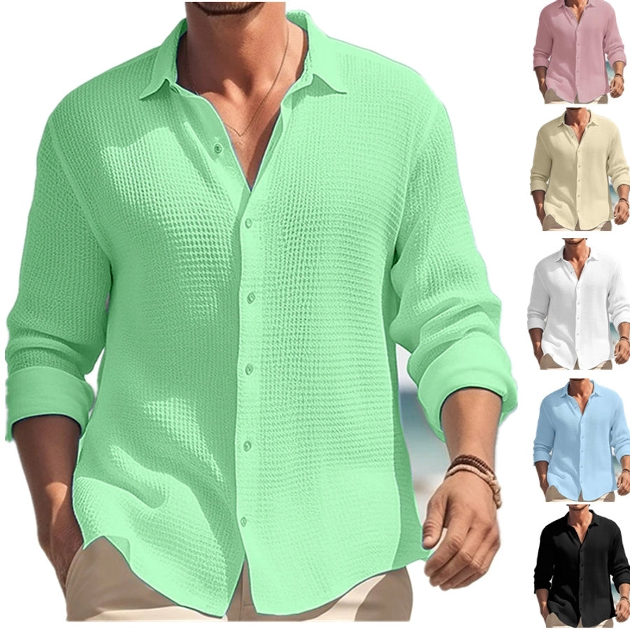 Men's Solid Color Casual Turndown Long Sleeve Regular Fit Men's Tops