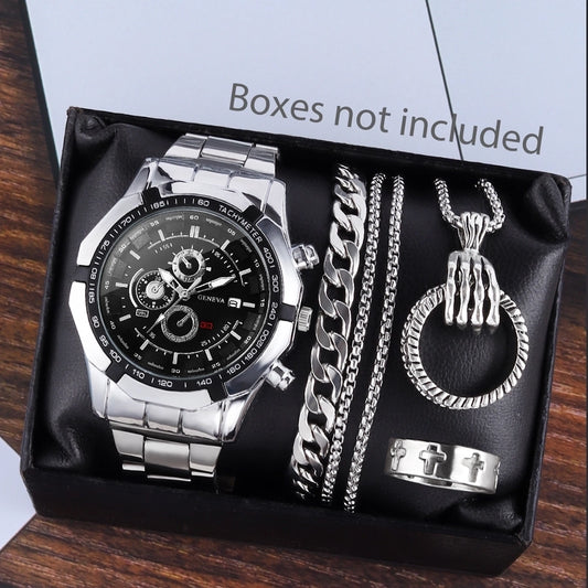 4 PCs Large Plate Premium Silver Men's Business Watch and Skull Finger Pendant Necklace, Bracelet, Ring