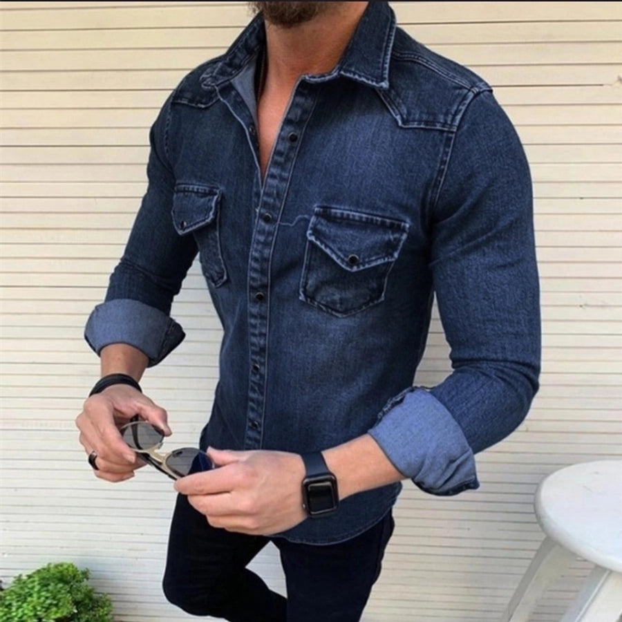 Men's Denim Style Turndown Long Sleeve Slim Men's Tops