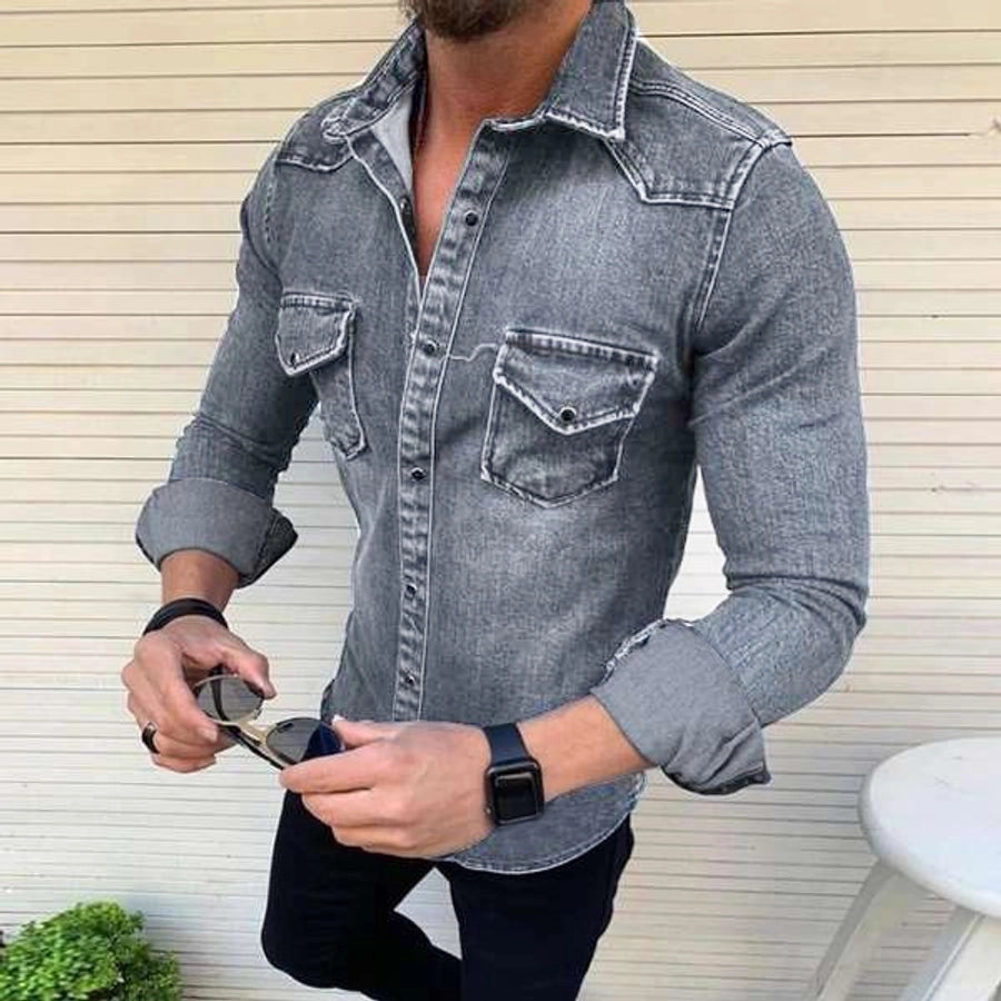 Men's Denim Style Turndown Long Sleeve Slim Men's Tops