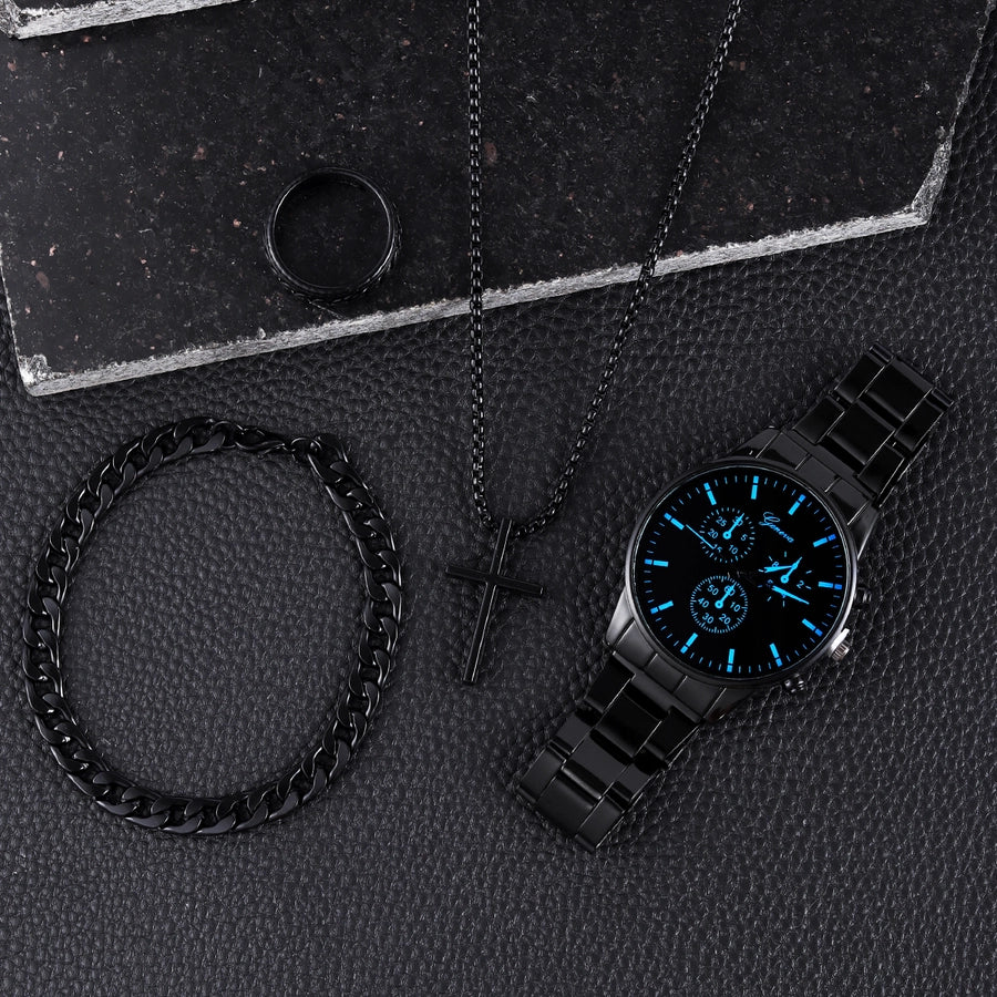 Men's Steel Strap Watch and Cross Pendant Necklace, Ring, Bracelet